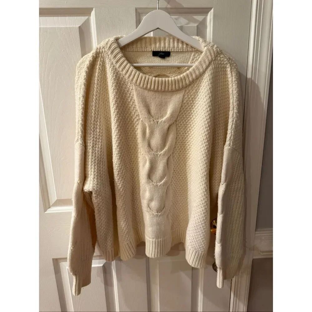 J. Crew Cream Heavy Weight Cable Knit Wool Crewneck Sweater sz XXL EUC
